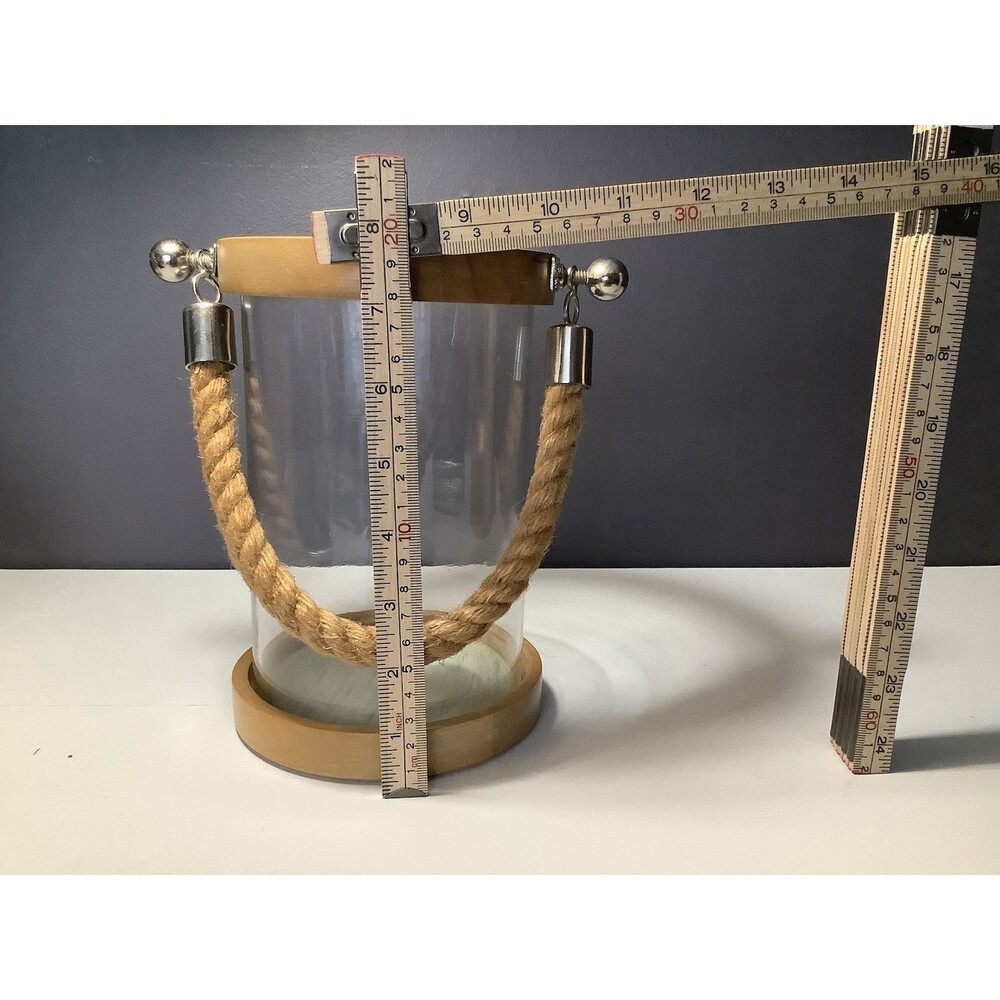 Nautical Coastal Beach Candle Holder Hurricane Jute Rope Handle Silver Accents - Picture 6 of 8